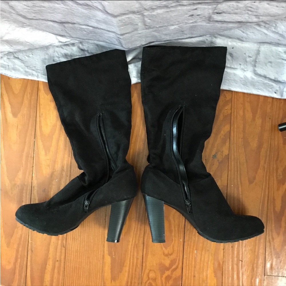 Black‎ Suede-Look High Heel Knee Boots with Buckle - Picture 3 of 3